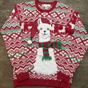 Jolly‎ Sweaters Llama Christmas Sweater Men's M Red & White Embroidered Pullover